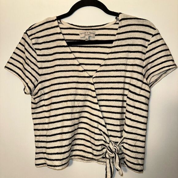 Madewell Texture & Thread Small Black Cream Stripe Faux Wrap Tee EUC - Picture 3 of 10